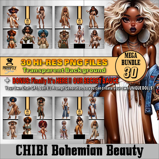 30 Chibi bohemian beauty African American PNG, Plus Prompt Generator Manual for creating your own prompts and chibi dolls