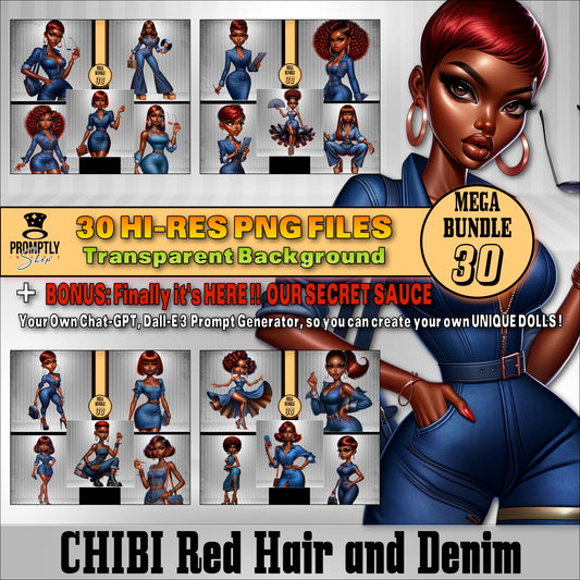 30 Chibi red hair and denim African American PNG, Plus Prompt Generator Manual for creating your own prompts and chibi dolls