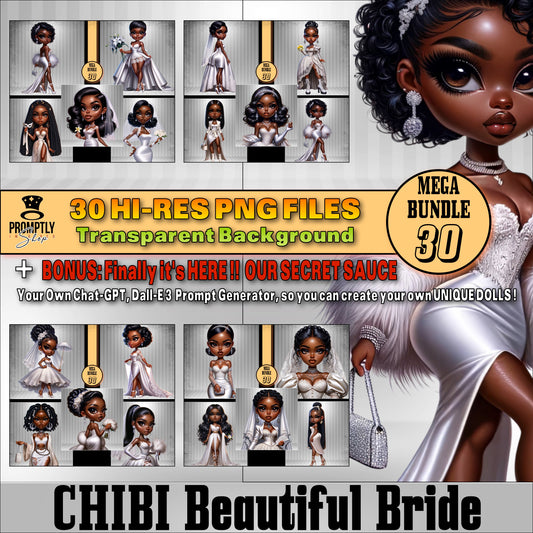 30 Chibi beautiful bride African American PNG, Plus Prompt Generator Manual for creating your own prompts and chibi dolls