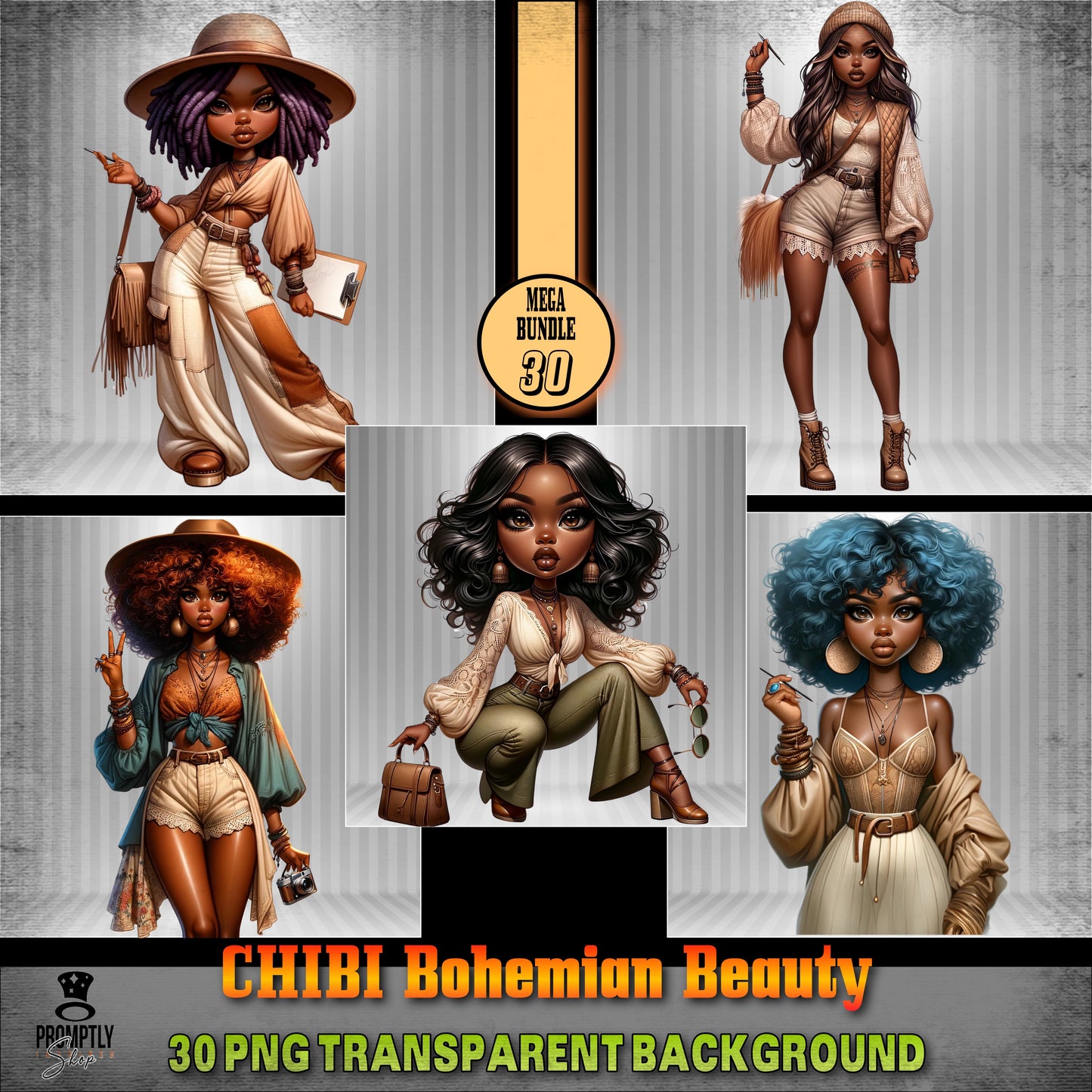 30 Chibi bohemian beauty African American PNG, Plus Prompt Generator Manual for creating your own prompts and chibi dolls