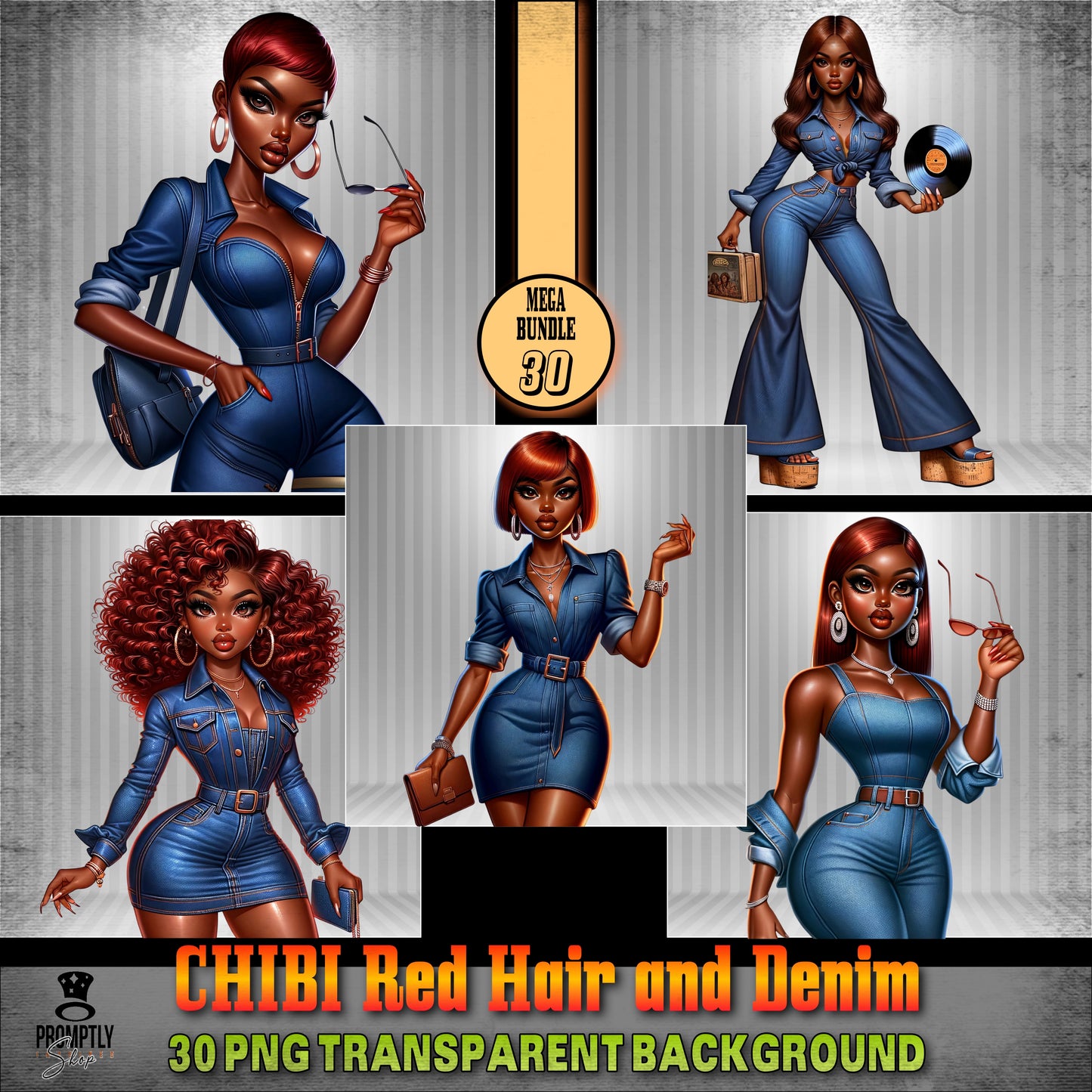 30 Chibi red hair and denim African American PNG, Plus Prompt Generator Manual for creating your own prompts and chibi dolls