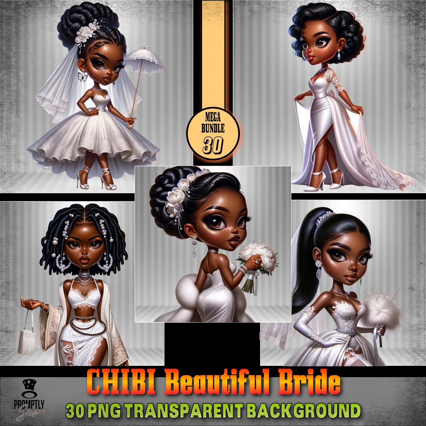 30 Chibi beautiful bride African American PNG, Plus Prompt Generator Manual for creating your own prompts and chibi dolls