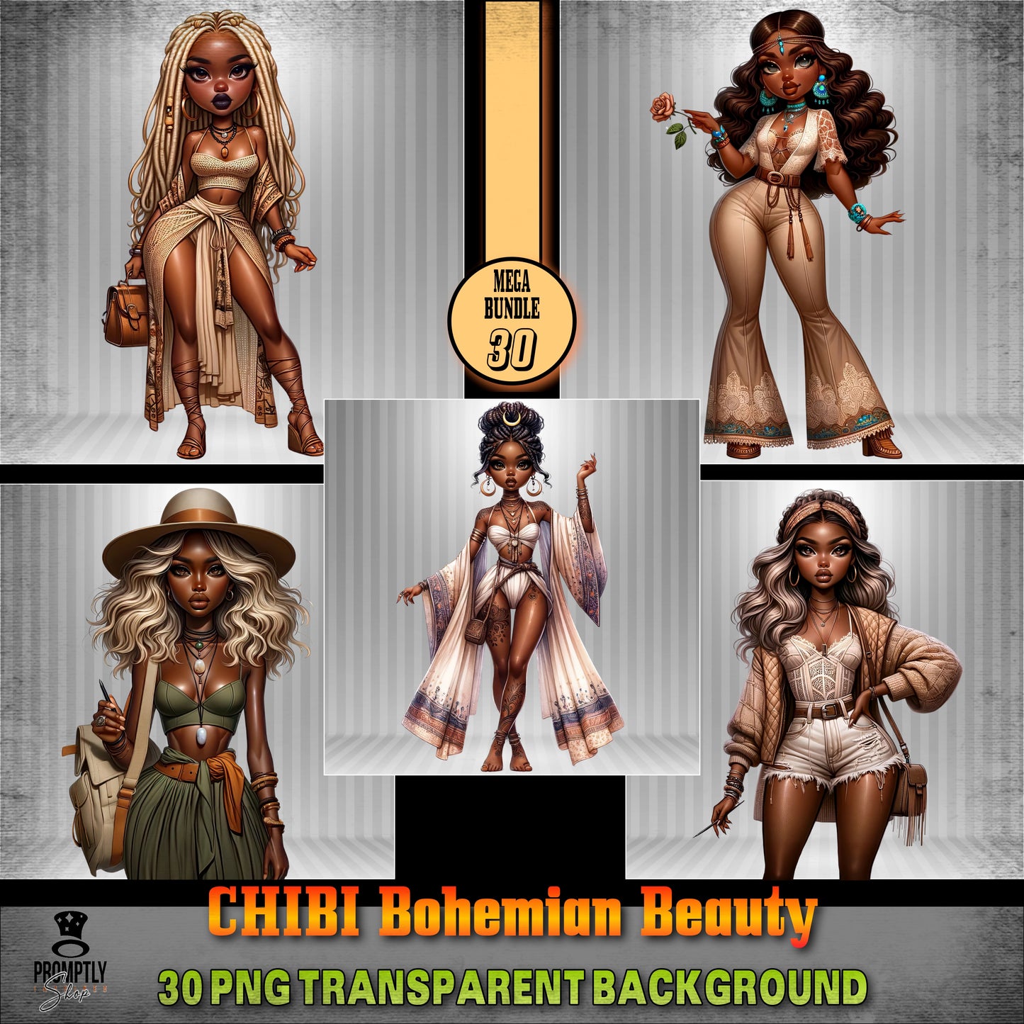 30 Chibi bohemian beauty African American PNG, Plus Prompt Generator Manual for creating your own prompts and chibi dolls