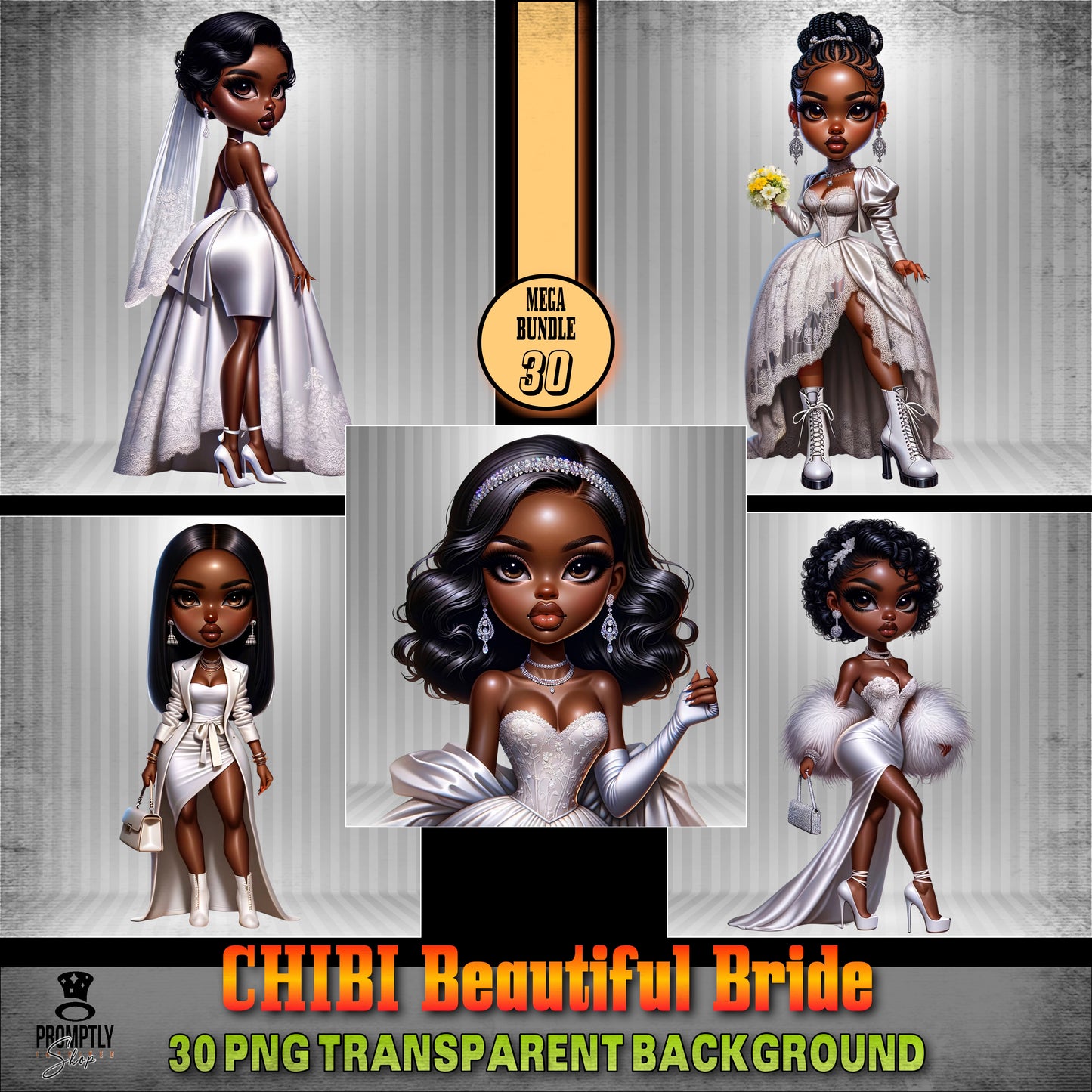 30 Chibi beautiful bride African American PNG, Plus Prompt Generator Manual for creating your own prompts and chibi dolls