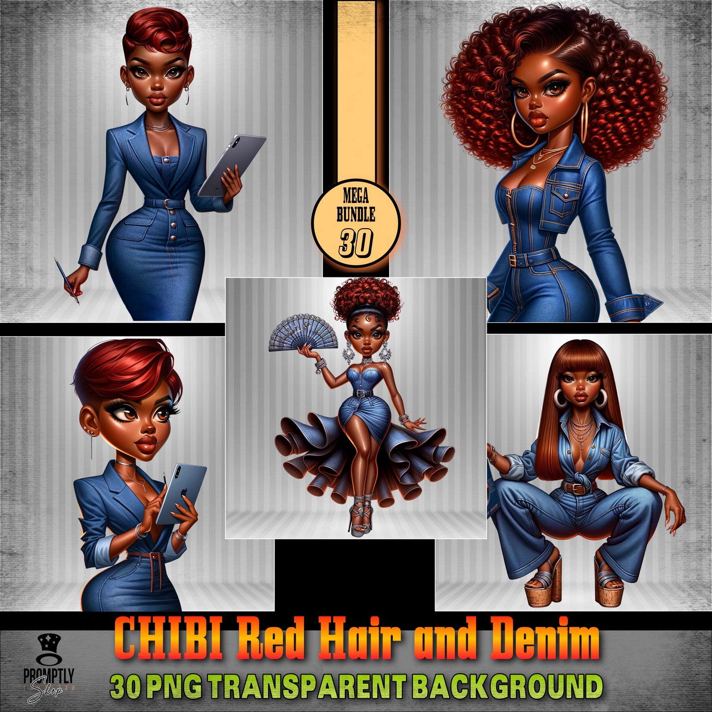 30 Chibi red hair and denim African American PNG, Plus Prompt Generator Manual for creating your own prompts and chibi dolls