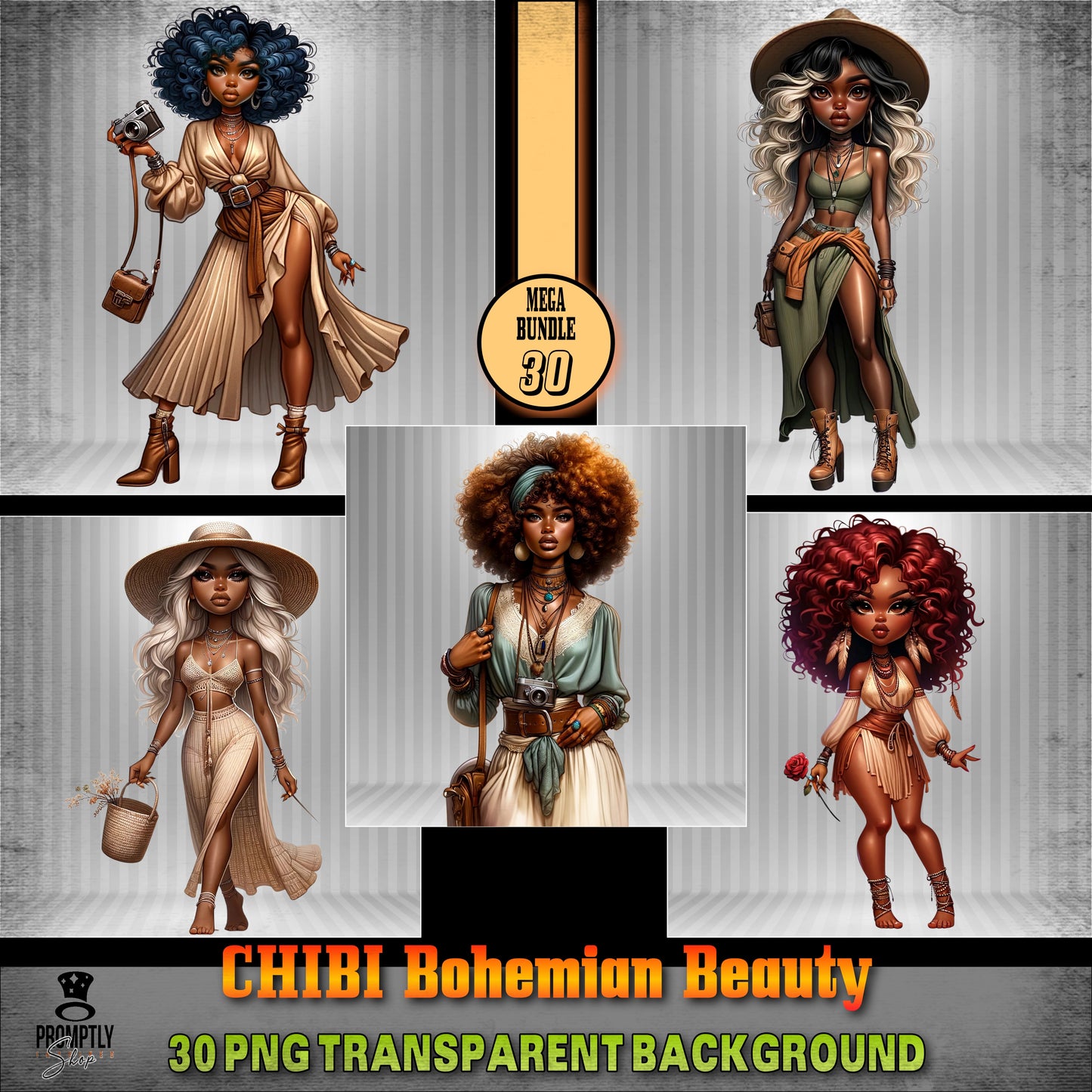 30 Chibi bohemian beauty African American PNG, Plus Prompt Generator Manual for creating your own prompts and chibi dolls