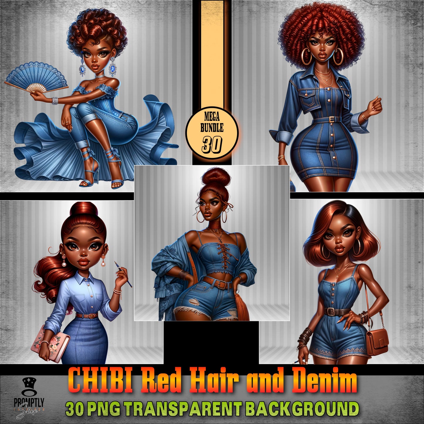 30 Chibi red hair and denim African American PNG, Plus Prompt Generator Manual for creating your own prompts and chibi dolls