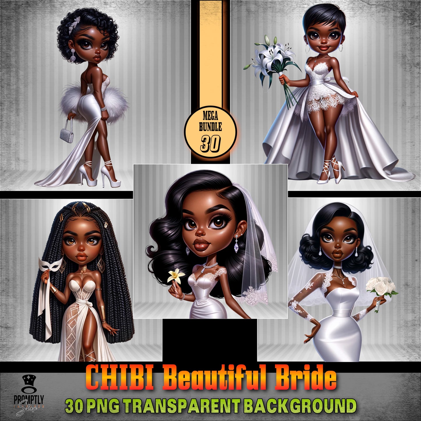 30 Chibi beautiful bride African American PNG, Plus Prompt Generator Manual for creating your own prompts and chibi dolls