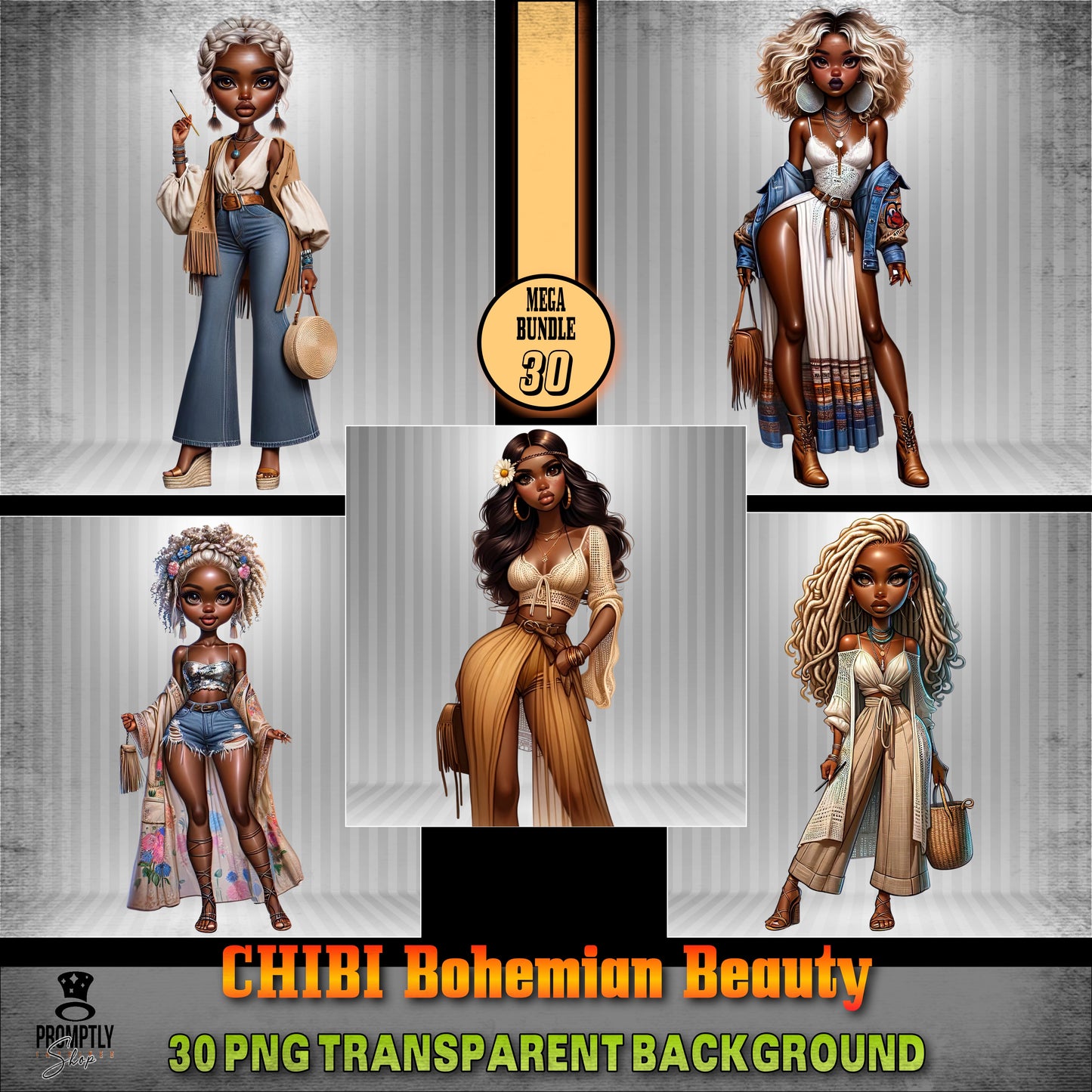 30 Chibi bohemian beauty African American PNG, Plus Prompt Generator Manual for creating your own prompts and chibi dolls