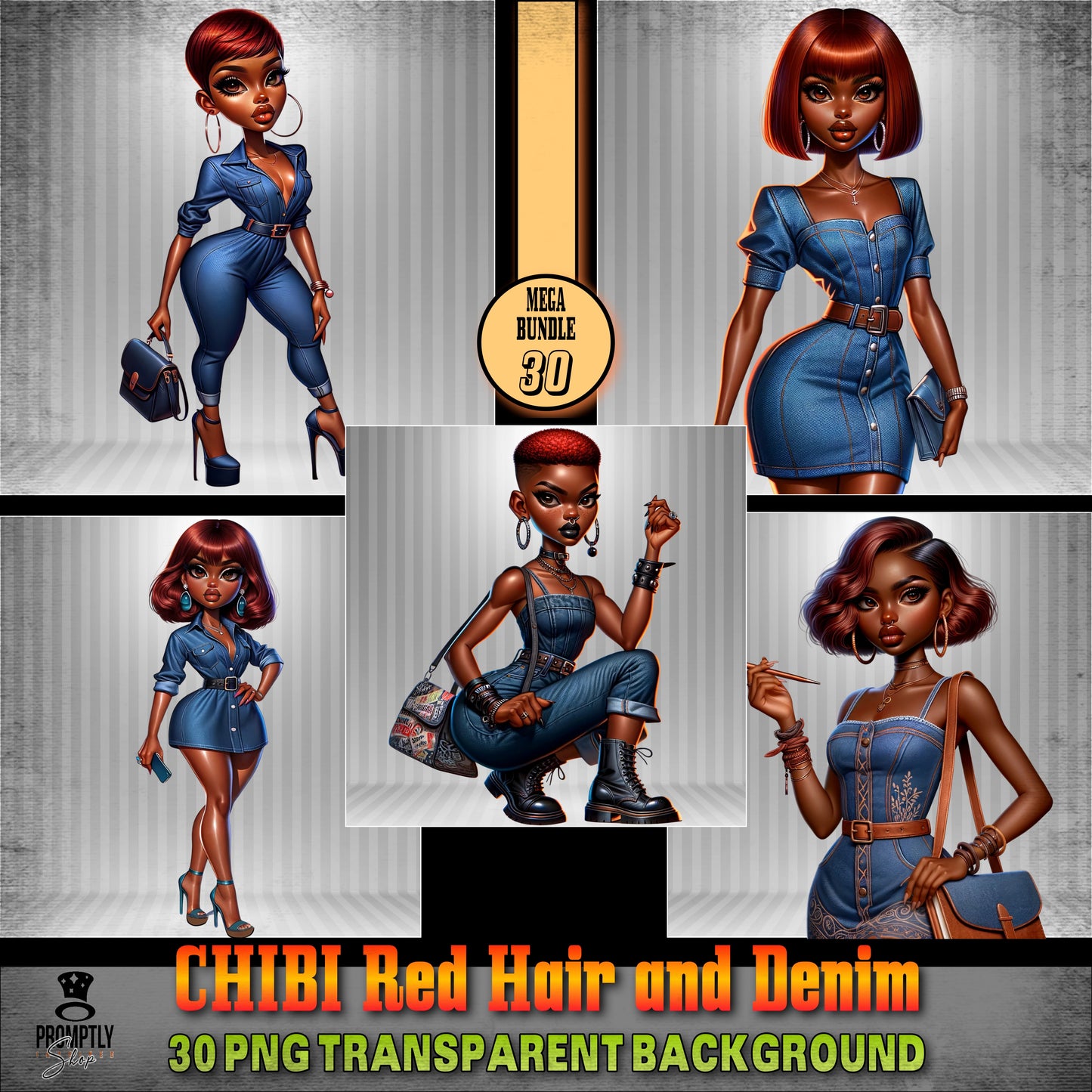 30 Chibi red hair and denim African American PNG, Plus Prompt Generator Manual for creating your own prompts and chibi dolls