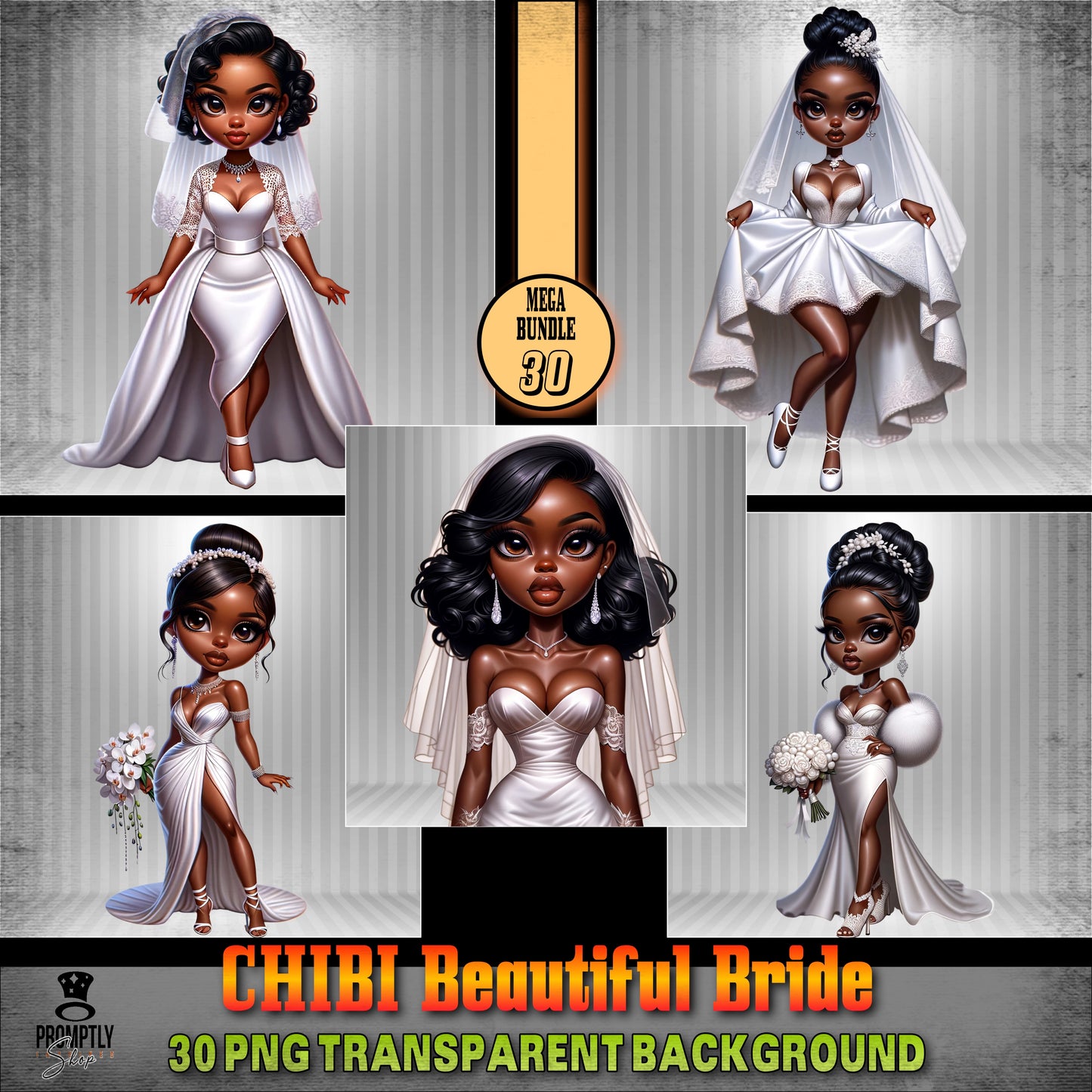 30 Chibi beautiful bride African American PNG, Plus Prompt Generator Manual for creating your own prompts and chibi dolls