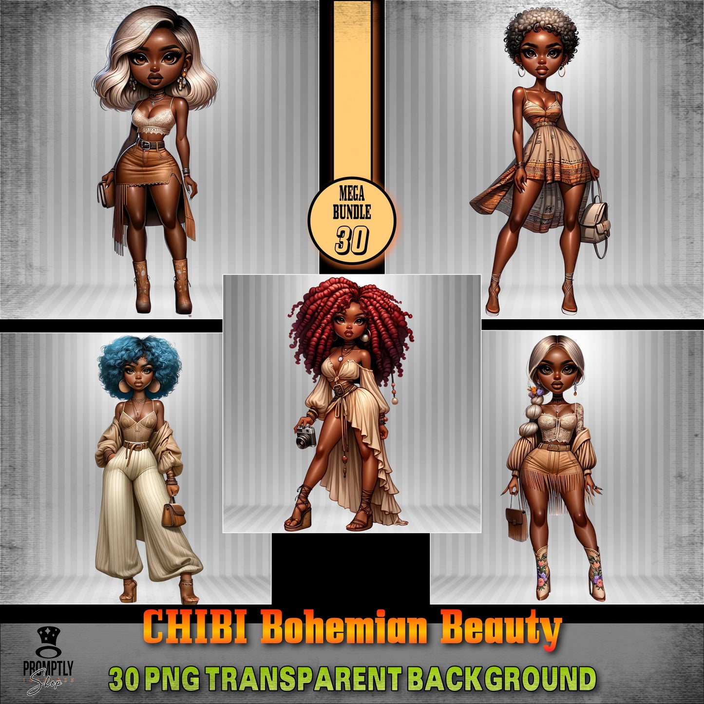 30 Chibi bohemian beauty African American PNG, Plus Prompt Generator Manual for creating your own prompts and chibi dolls