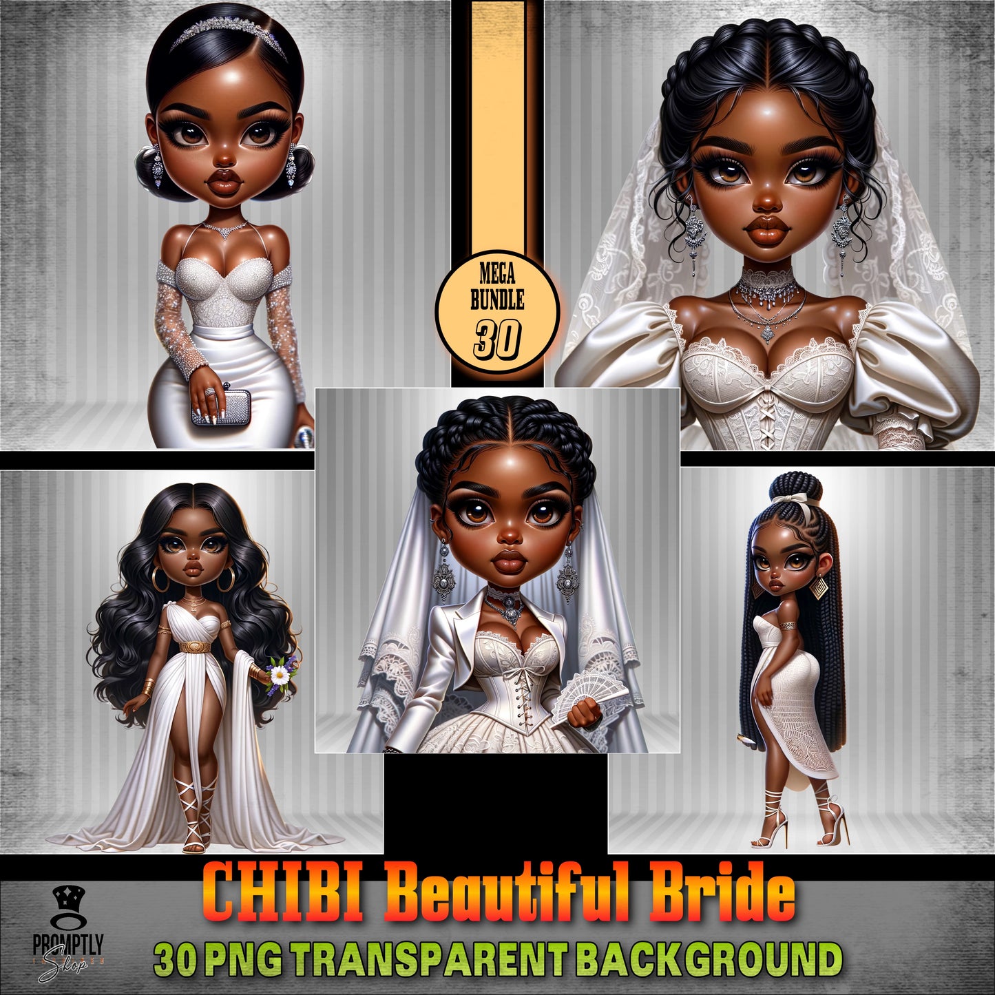 30 Chibi beautiful bride African American PNG, Plus Prompt Generator Manual for creating your own prompts and chibi dolls