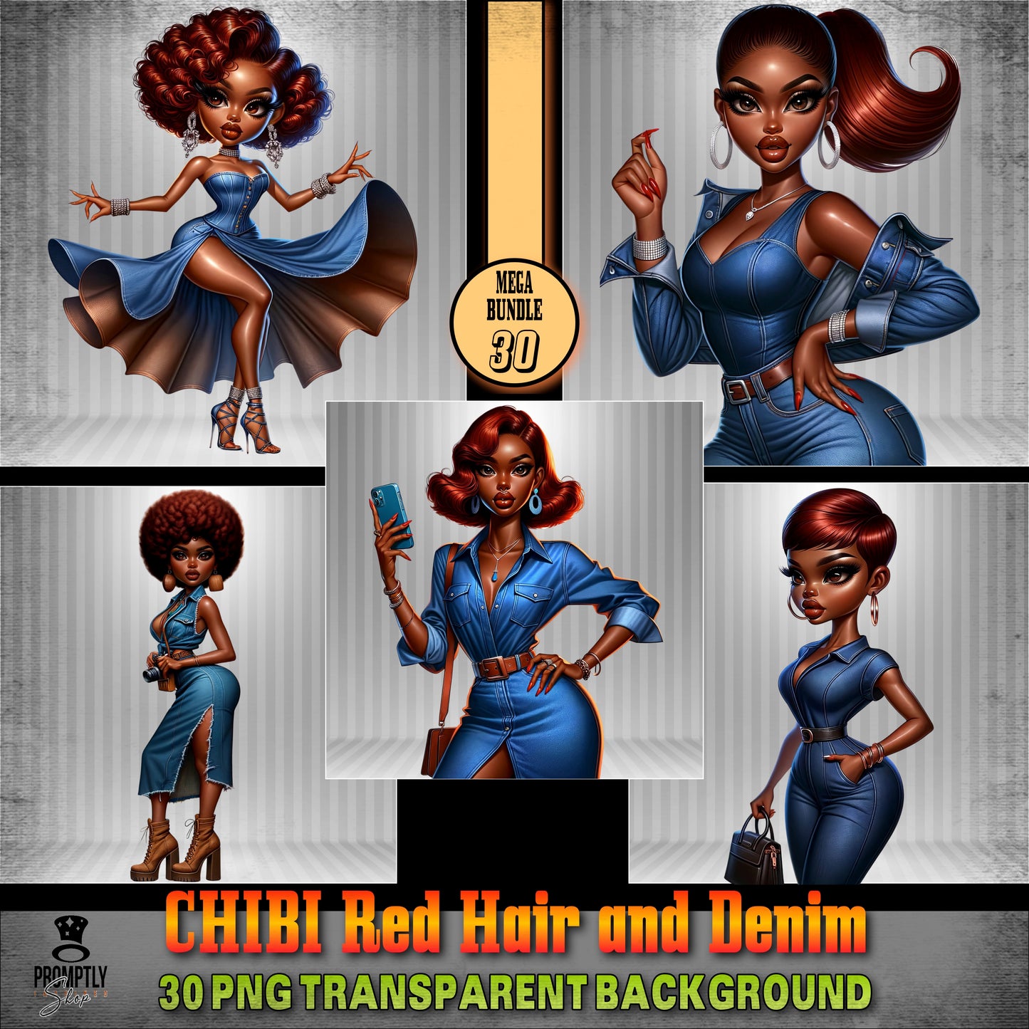 30 Chibi red hair and denim African American PNG, Plus Prompt Generator Manual for creating your own prompts and chibi dolls