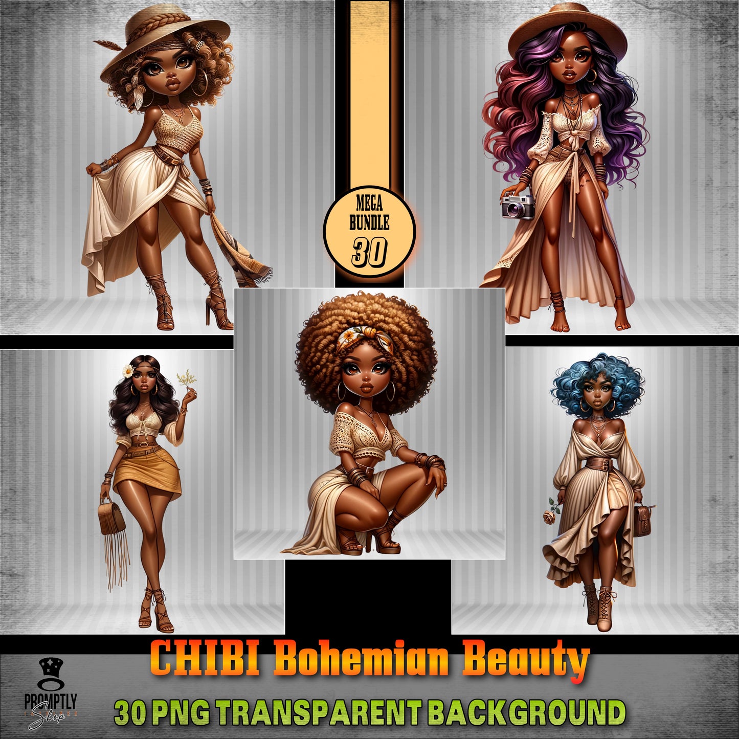 30 Chibi bohemian beauty African American PNG, Plus Prompt Generator Manual for creating your own prompts and chibi dolls