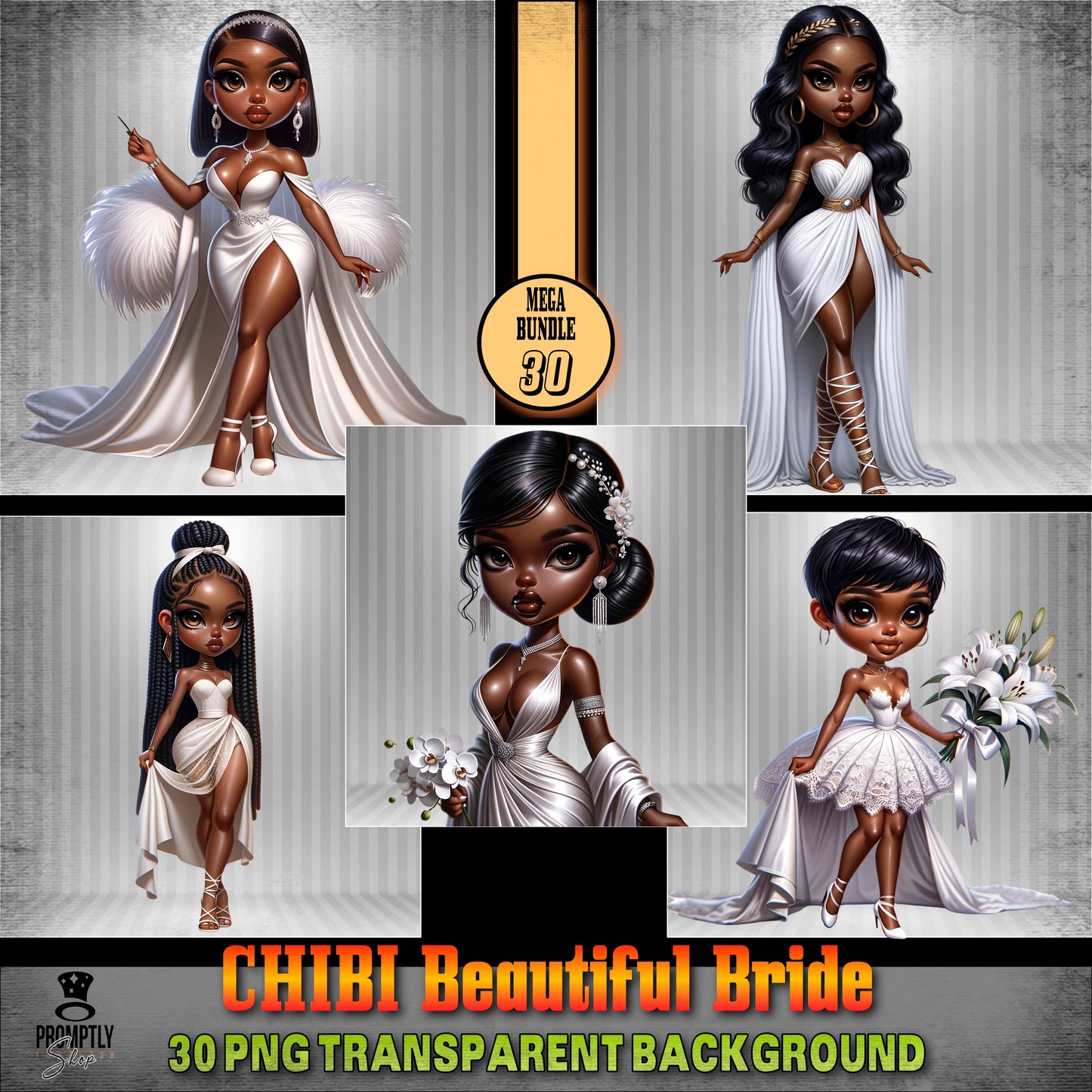 30 Chibi beautiful bride African American PNG, Plus Prompt Generator Manual for creating your own prompts and chibi dolls