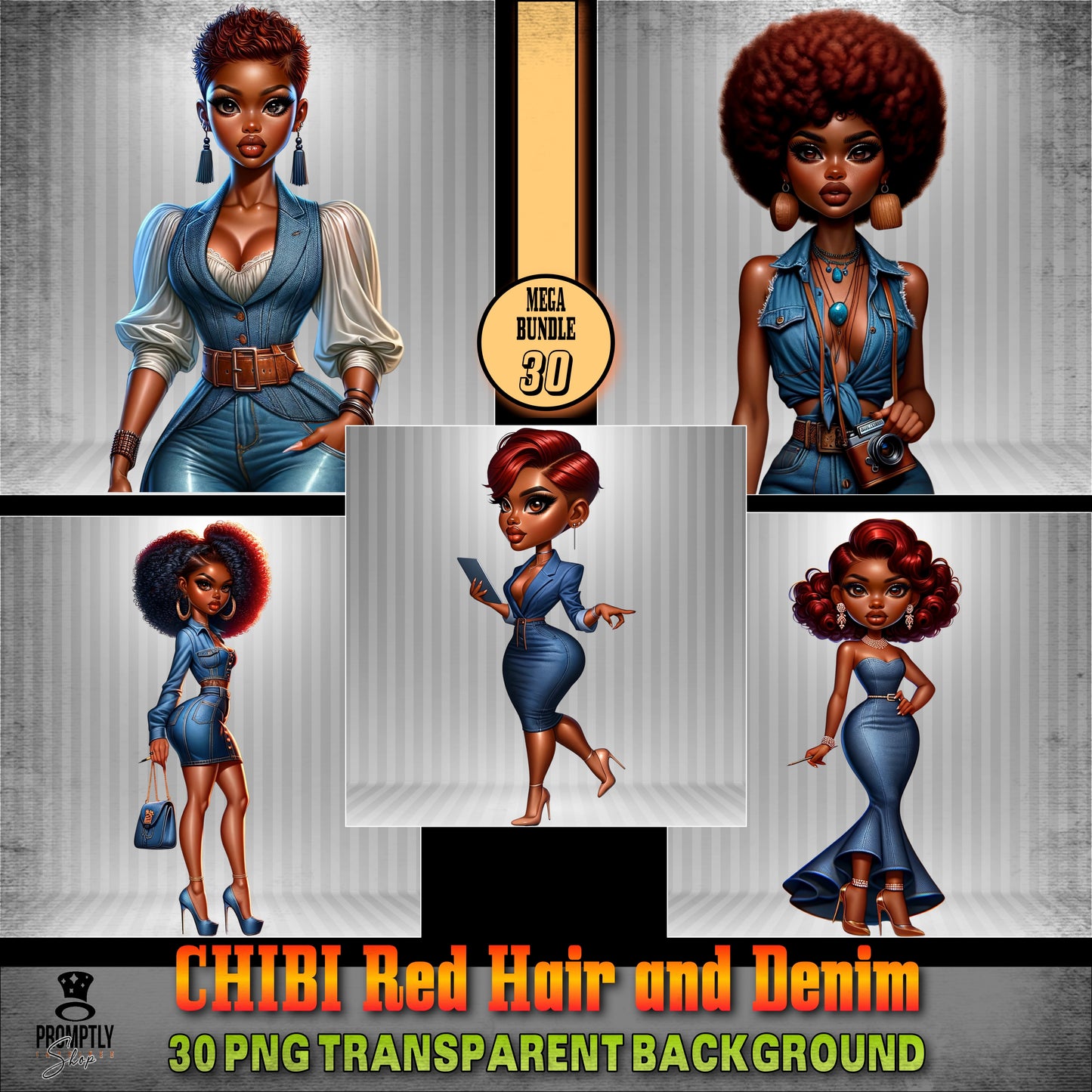 30 Chibi red hair and denim African American PNG, Plus Prompt Generator Manual for creating your own prompts and chibi dolls