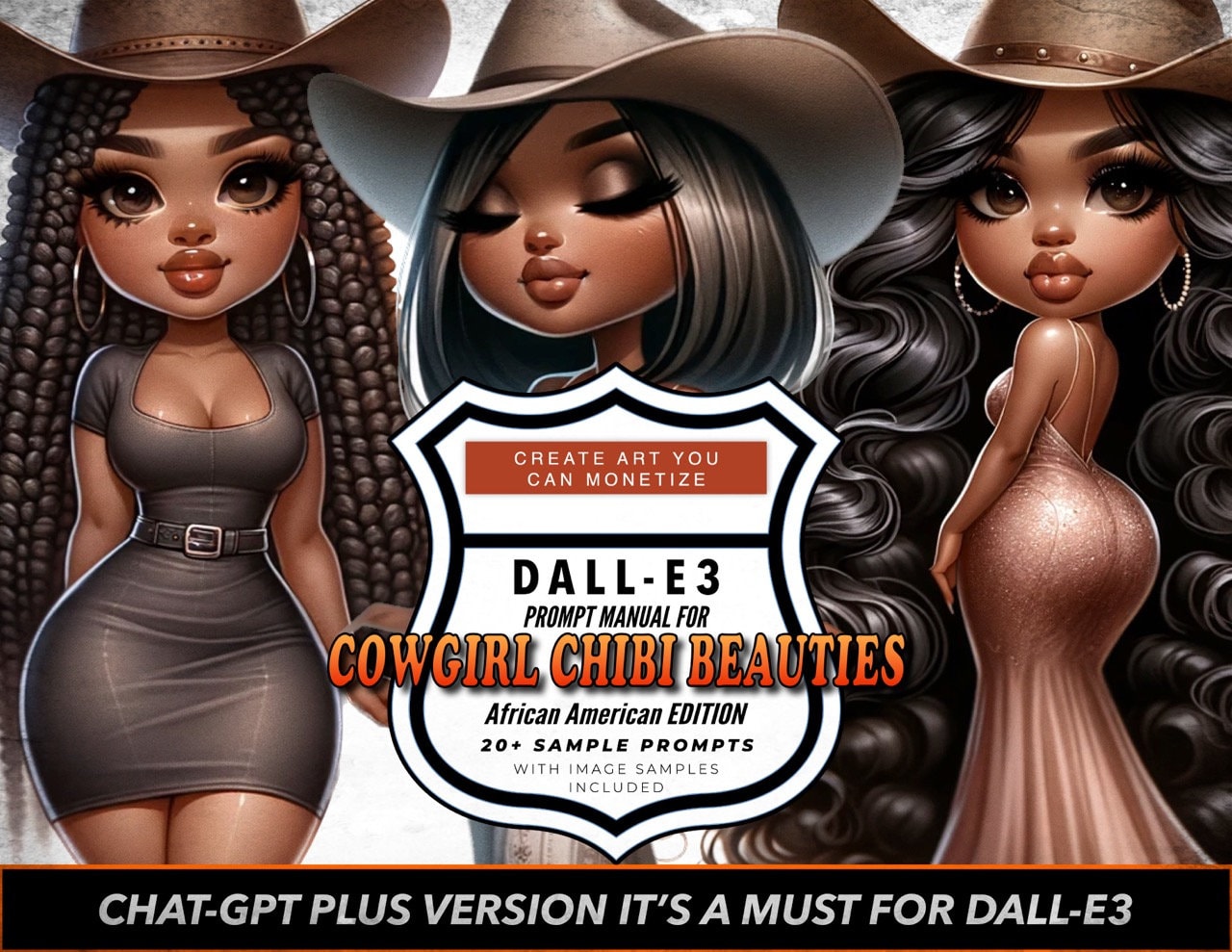 Dall-E3 & ChatGPT v4 AI Art Prompt Manual | Cow Girl chibi dolly Beauties | 20 plus Sample Prompts | Customizable prompt