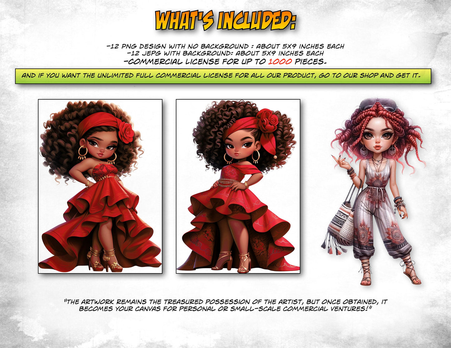 African American chibi Clipart, chibi Ruby Red Dress, Boho Melanin Chibi Girl, Digital Download, Commercial Use