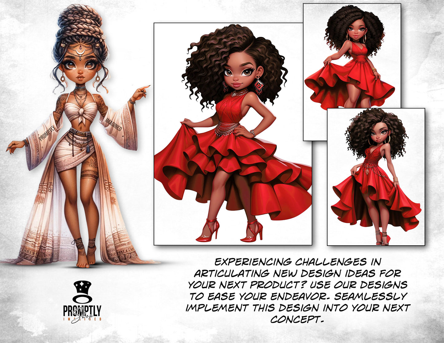 African American Chibi Clipart Bundle, Digital chibi Download, chibi Character, chibi Red Dress, Instant PNG Files