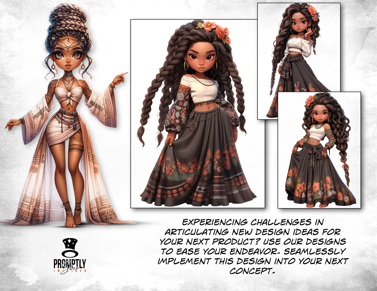 Boho chibi Clipart Bundle, African American chibi Girl, Digital Download, chibi Floral Dresses, PNG Files, Instant Download