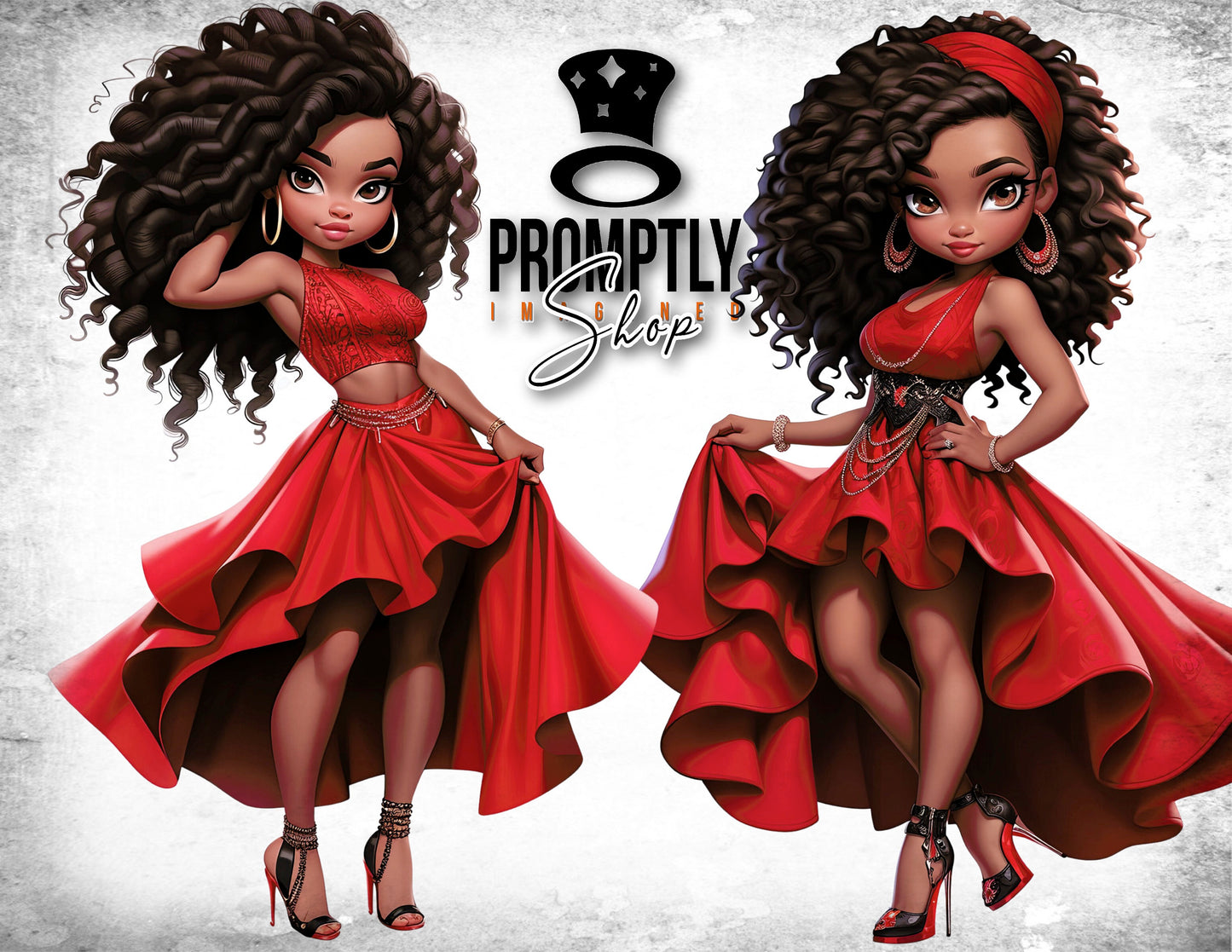 African American Chibi Clipart Bundle, Digital chibi Download, chibi Character, chibi Red Dress, Instant PNG Files