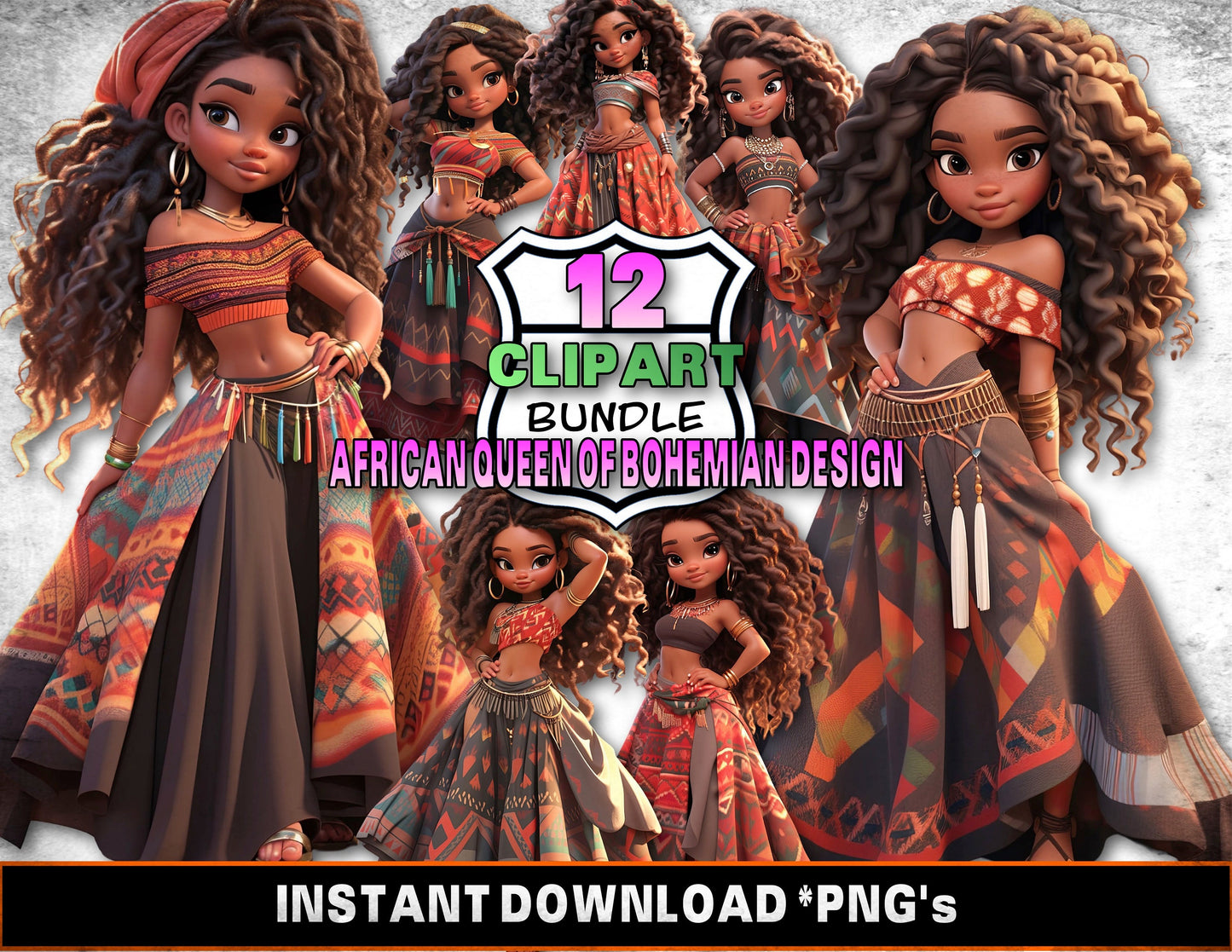 African chibi Queen Clipart Bundle, Bohemian chibi Digital Art, Ethnic chibi Girl Illustrations, chibi Instant Download PNG