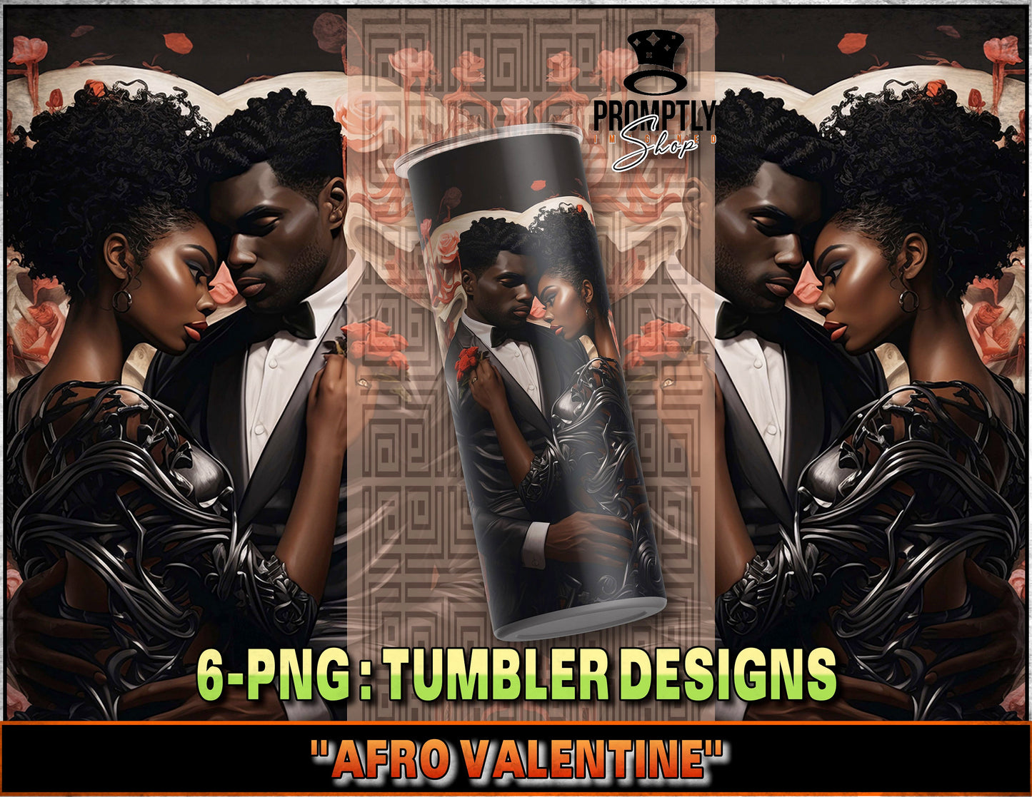 Afrocentric Tumbler Design, Afro Valentine's Love Couple, Black Art Tumbler Graphics, African American Romance PNG