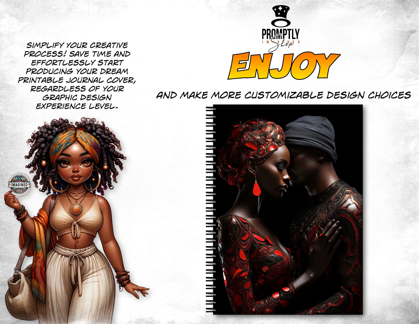 African Couple Art Journal Covers, Melanin Romance Digital Print, 8.5x11 Notebook Cover, Unique Writing Gift, Instant Download PNG