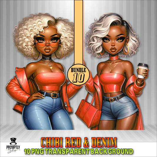 Curvy Chibi Red & Denim Clipart | 10 PNG Digital Art Bundle | digital download| Transparent Background | Perfect for POD"