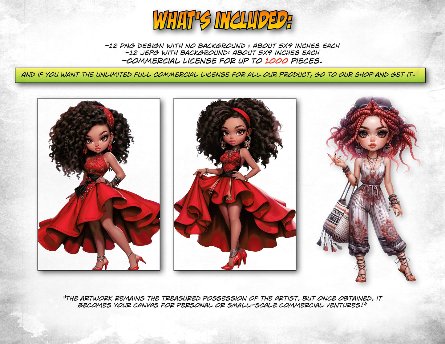 African American Chibi Clipart Bundle, Digital chibi Download, chibi Character, chibi Red Dress, Instant PNG Files