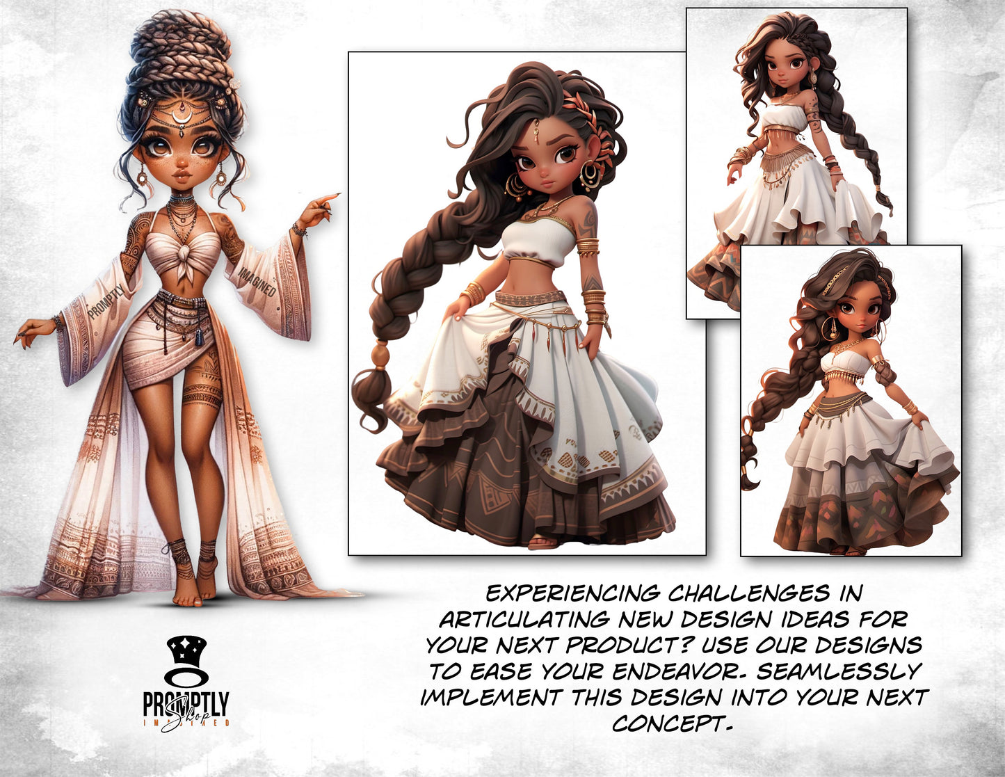 Boho chibi Beauty Clipart Bundle, Ebony chibi Princess Illustrations, Instant Download PNG, Commercial Use, Digital Download,Craft Supplies