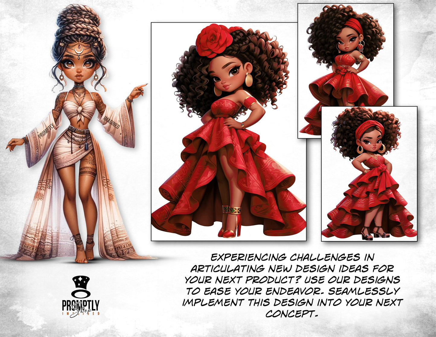 African American chibi Clipart, chibi Ruby Red Dress, Boho Melanin Chibi Girl, Digital Download, Commercial Use