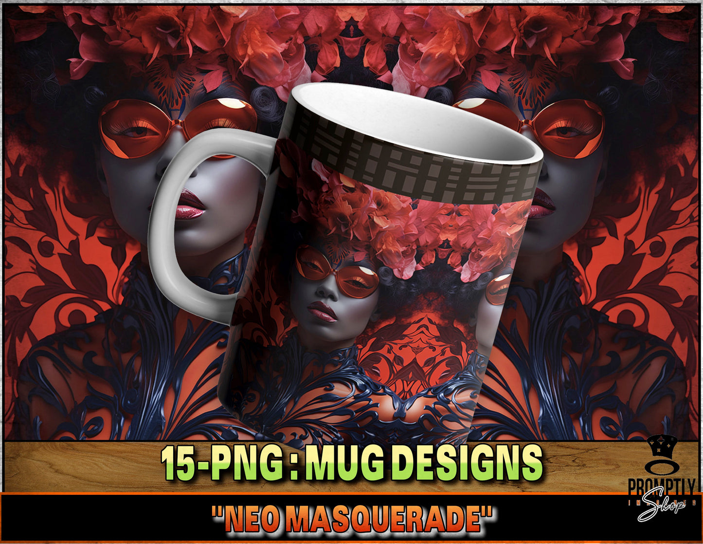 Unique Masquerade Mask Coffee Mug design , Red and Black 11oz/15oz Cup, Artistic Face Mask Tea Mug, Designer Mug Print design