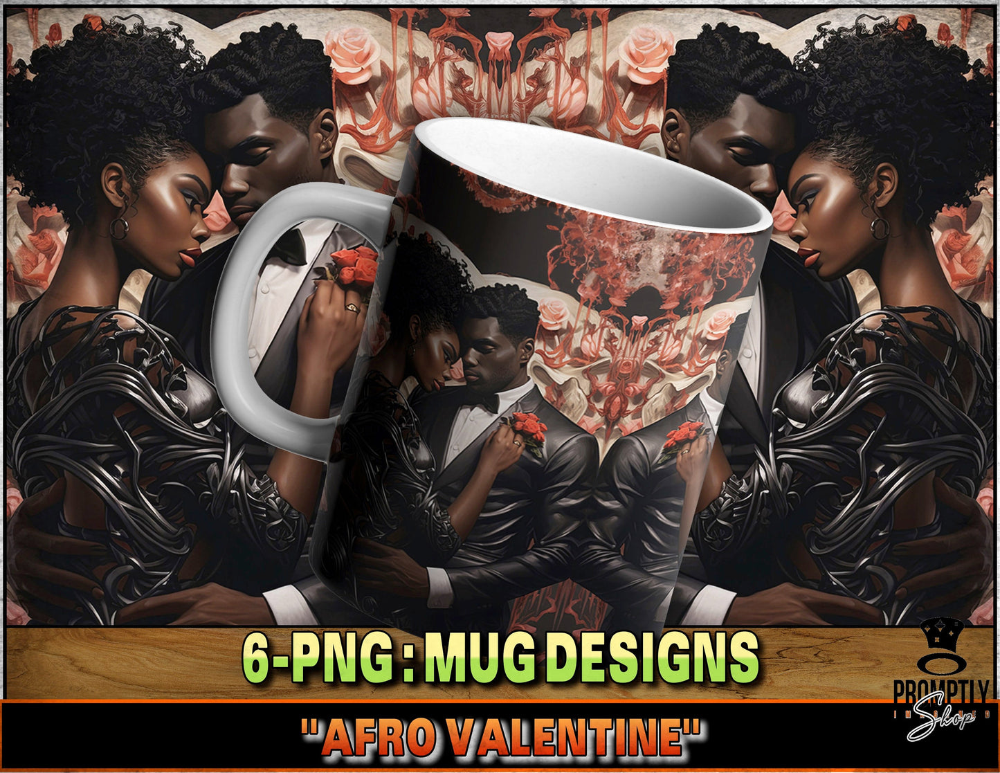 Afro Valentine's Day Mug design, African Couple Love Art, 11oz and 15oz Coffee Cup, Romantic Black Art, Unique Gift Idea, Floral Design