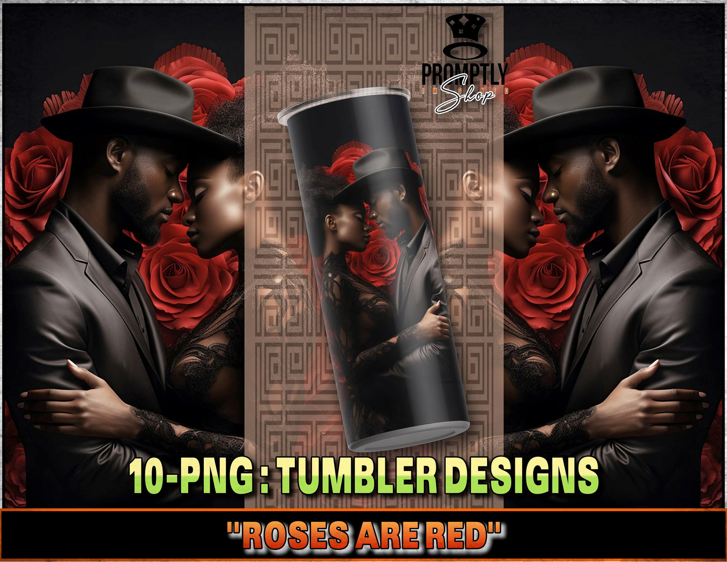 Romantic Rose and Couple Tumbler Design, Dramatic Floral Love Theme Tumbler Graphics, Unique Drinkware Art, 10-PNG Set Roses Are Red