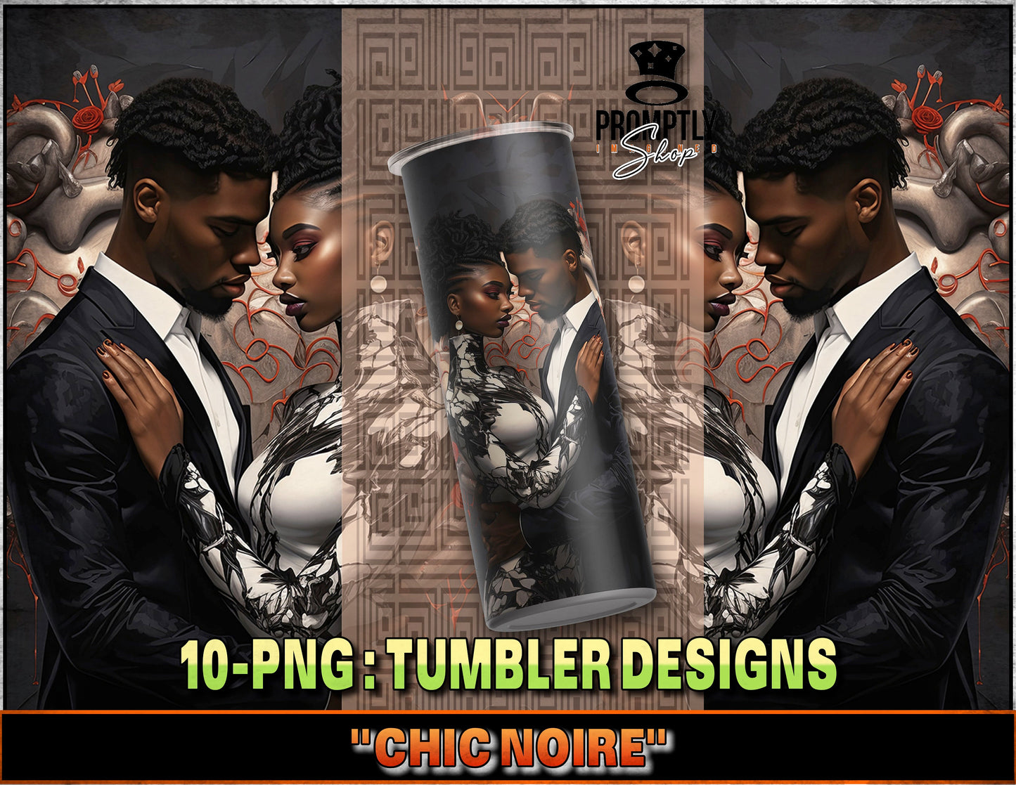 Chic Noire Tumbler Design PNG, African Couple Illustration, Insulated Cup Graphics, Elegant Drinkware, Digital Download