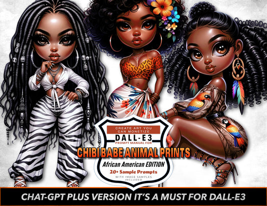 20+ Sample Prompts | Dall-E3 & ChatGPT v4 Ai Art Prompt Manual | Chibi Babe Animal Prints | Precise Prompts