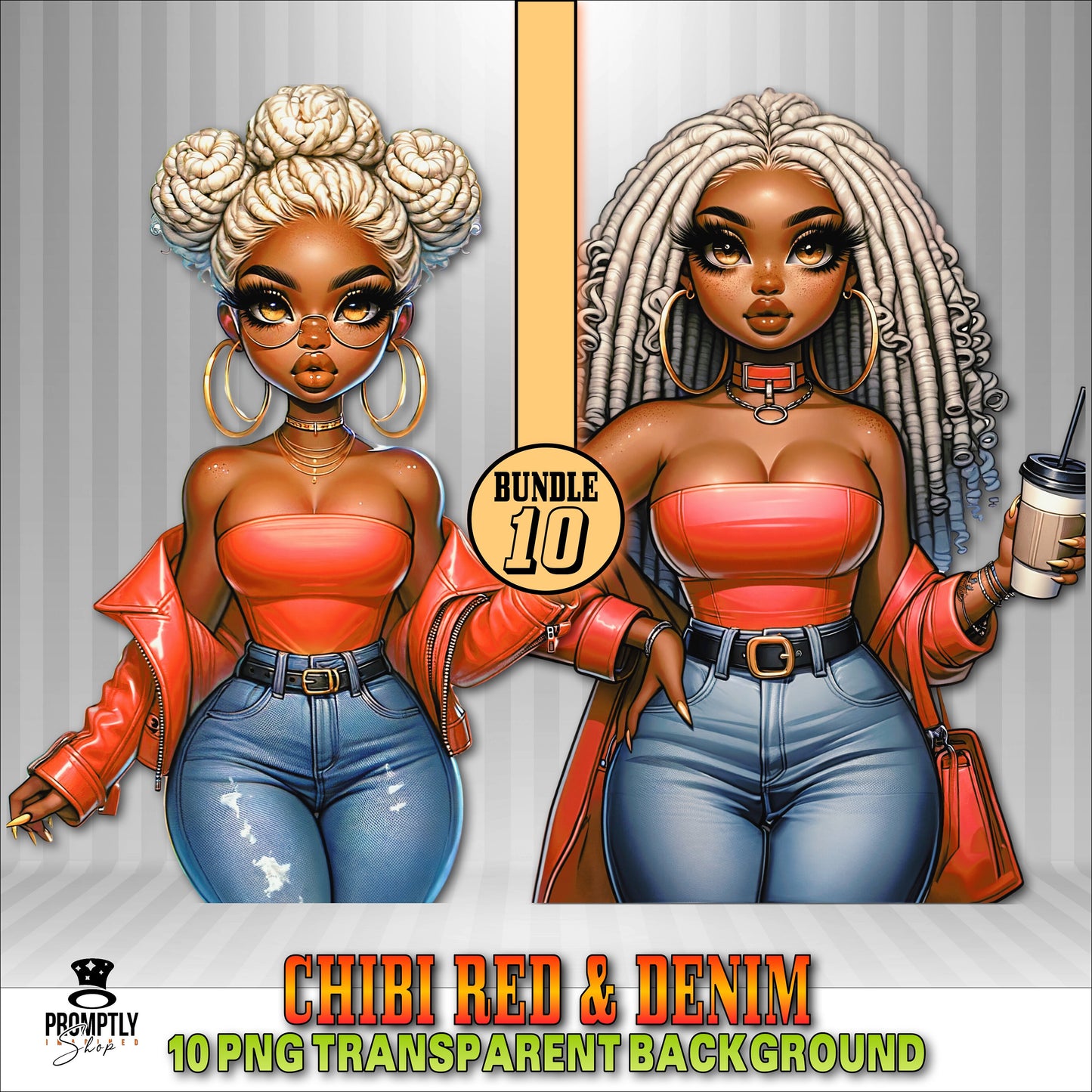 Curvy Chibi Red & Denim Clipart | 10 PNG Digital Art Bundle | digital download| Transparent Background | Perfect for POD"